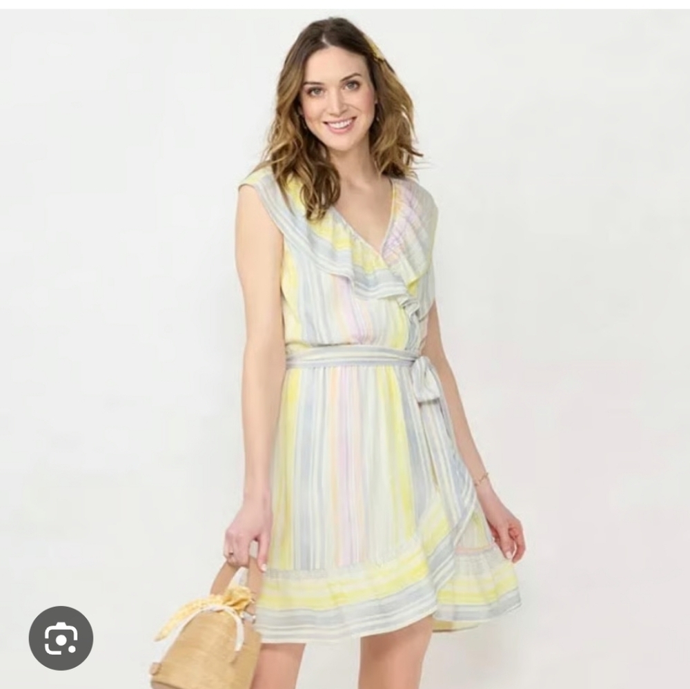 LC Lauren Conrad Faux‎ Wrap Dress XL NWT Pastel Stripe Ruffle Fit Flare Spring
